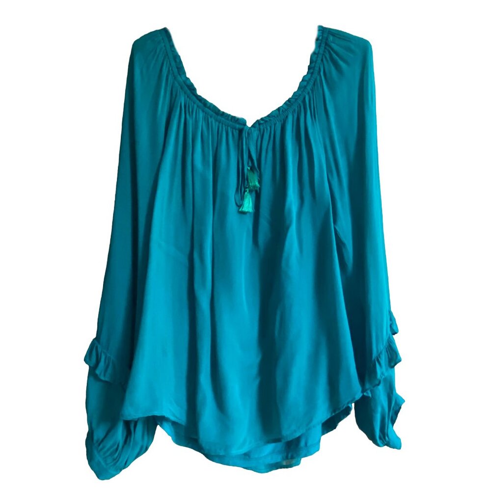 Hale Bob green Bohemian Blouse size Large boho peasant long sleeve tassel